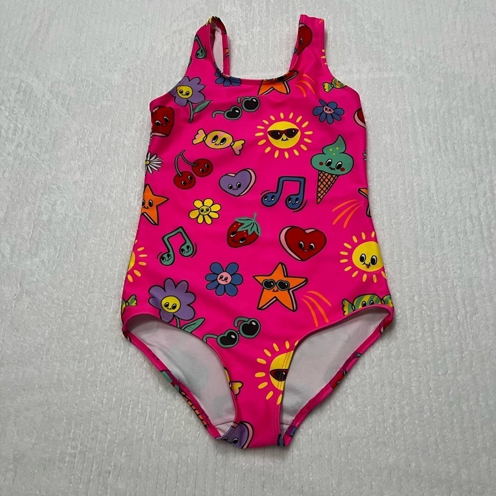 H&M Bright Pink Kids Swim One Piece with Fun Icons
